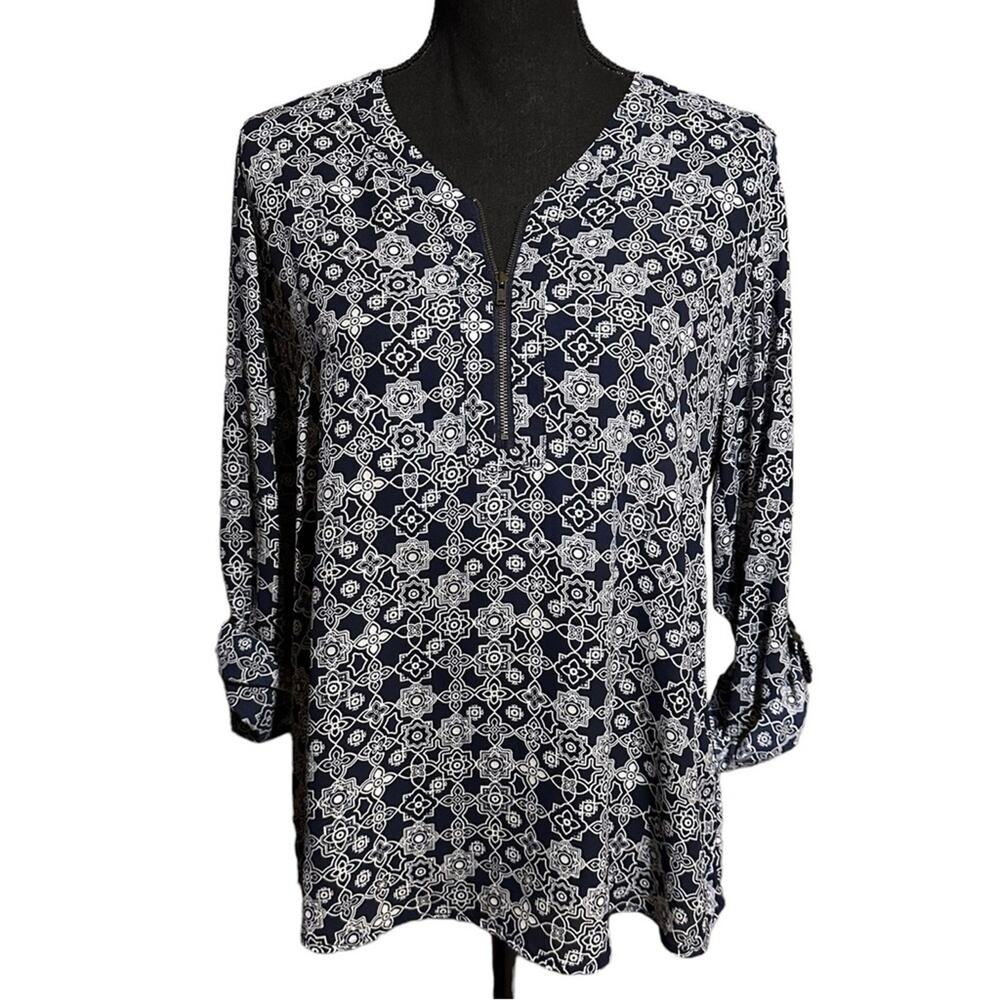 DE Collection Navy White Print Popover Career Top Women’s S Small